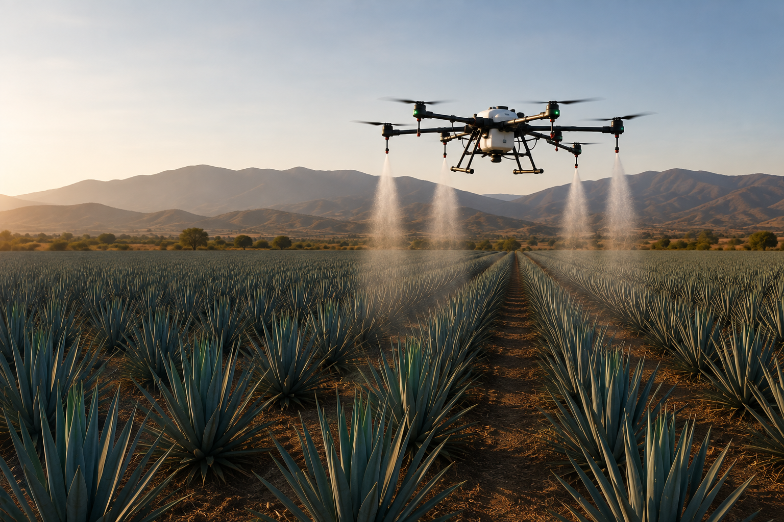 Dron agrícola fumigando cultivos de agave, maíz y aguacate en Jalisco
